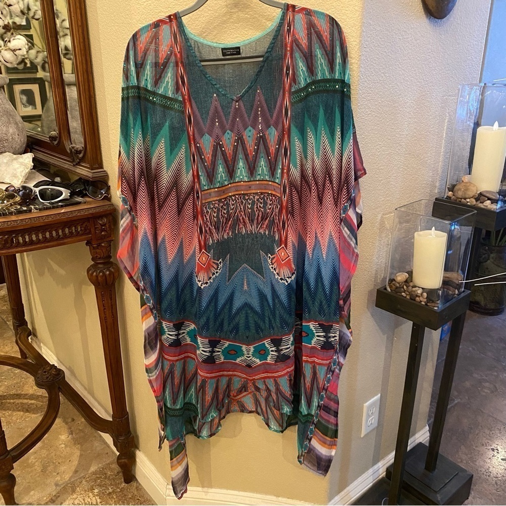 SOUTH BEACH Multicolor Patterned Rhinestone Sheer Kaftan Cover-Up Size One Size